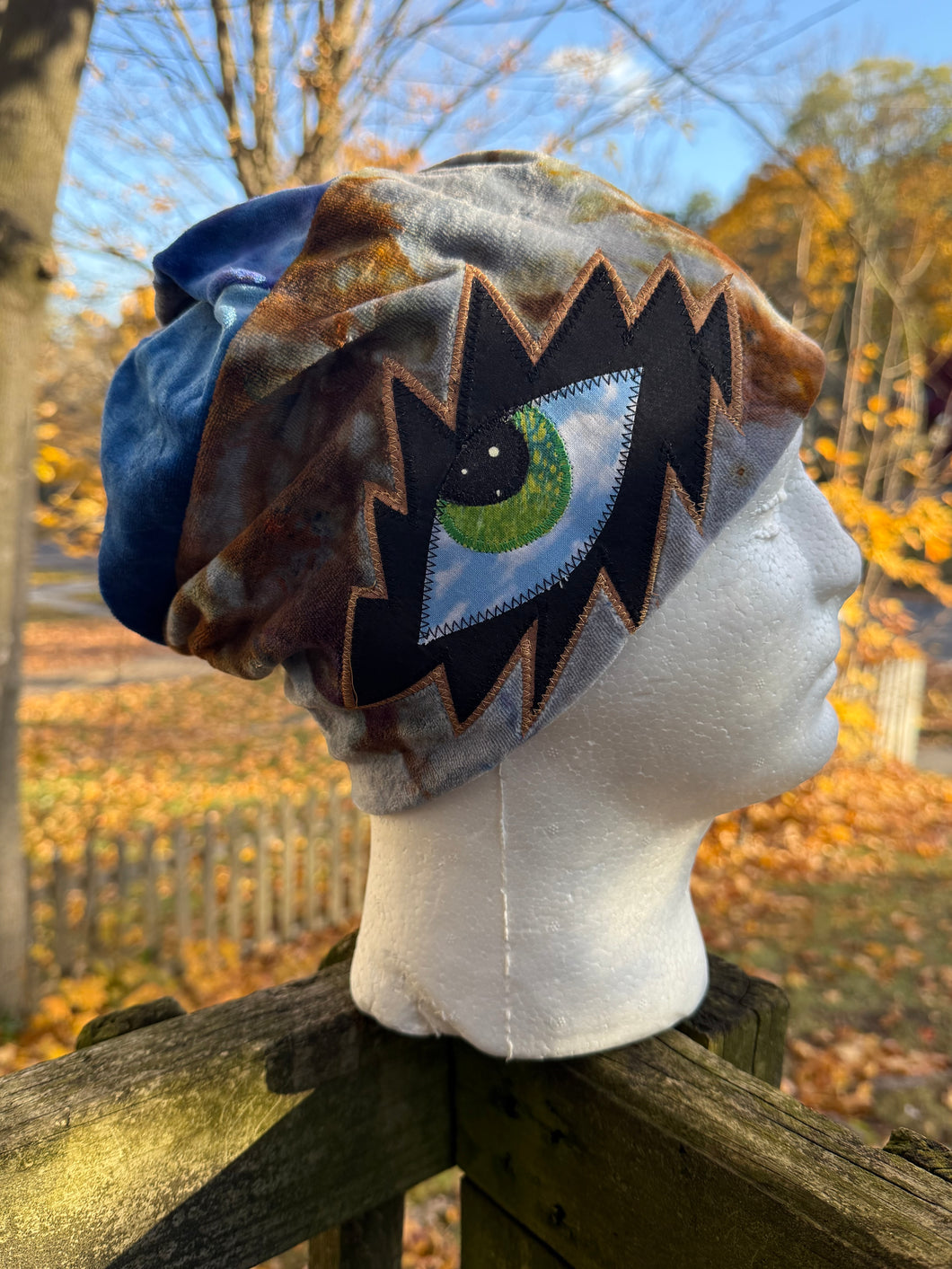 Patchwork eye bolt beanie